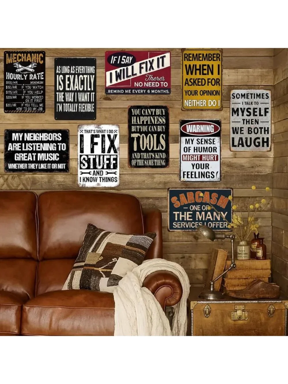 Funny Vintage Tin Wall Decor - 10-Piece Garage Signs, 8x12 Inch Home Decor